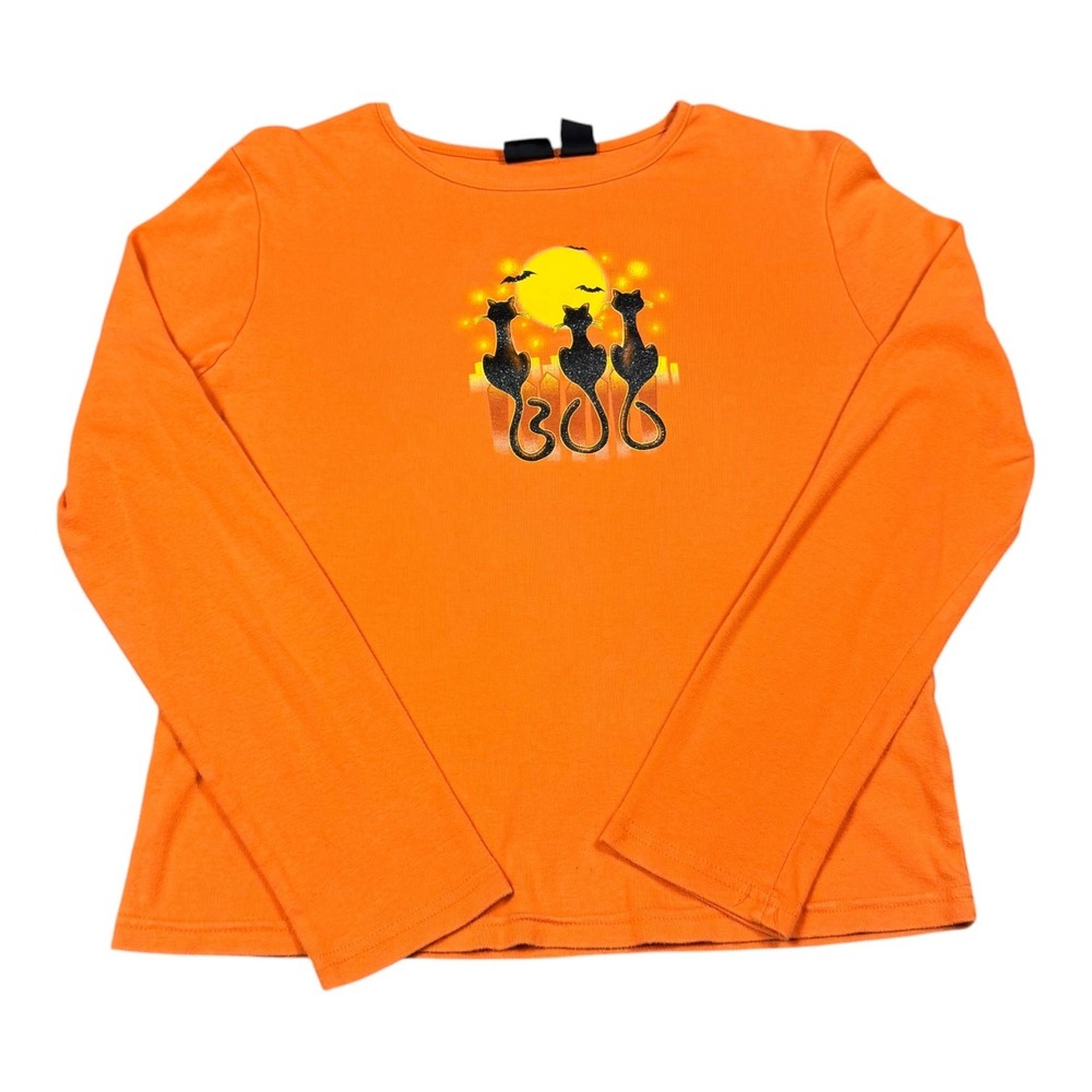 2000s‎ Holiday Editions Black Cat Halloween Long Sleeve Shirt Women's M FLAWS